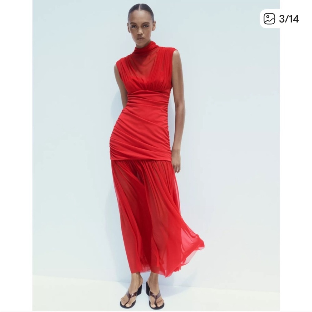 Zara NWT combination tulle midi dress red 4772/352 - Picture 12 of 15